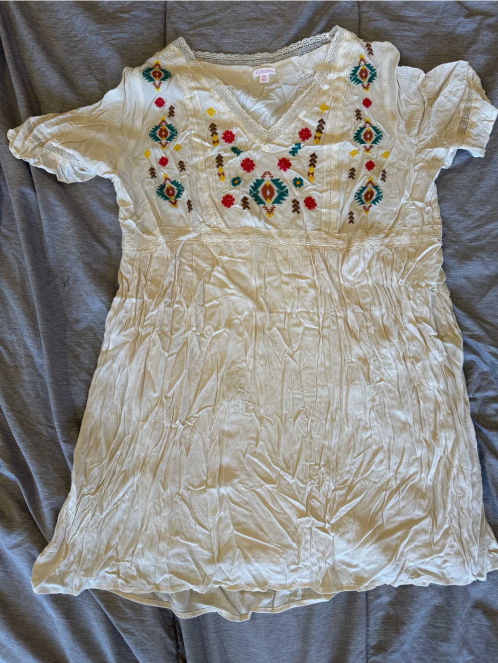 Xhilaration Cream Lace-Trim Embroidered Boho Short Dress
